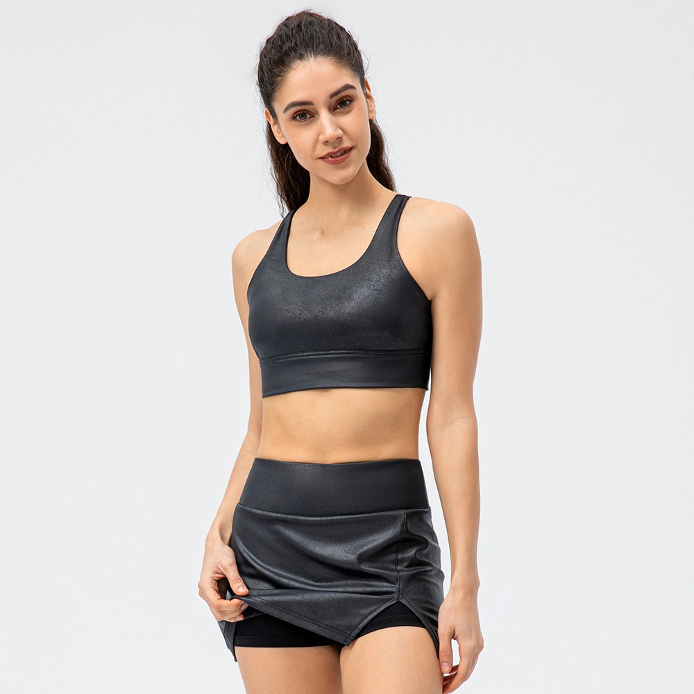 Women Cross Back Strappy Sports Suit High Elastic Fake Two-Piece Tight Skirt Pants Faux Leather Workout Running Yoga Set