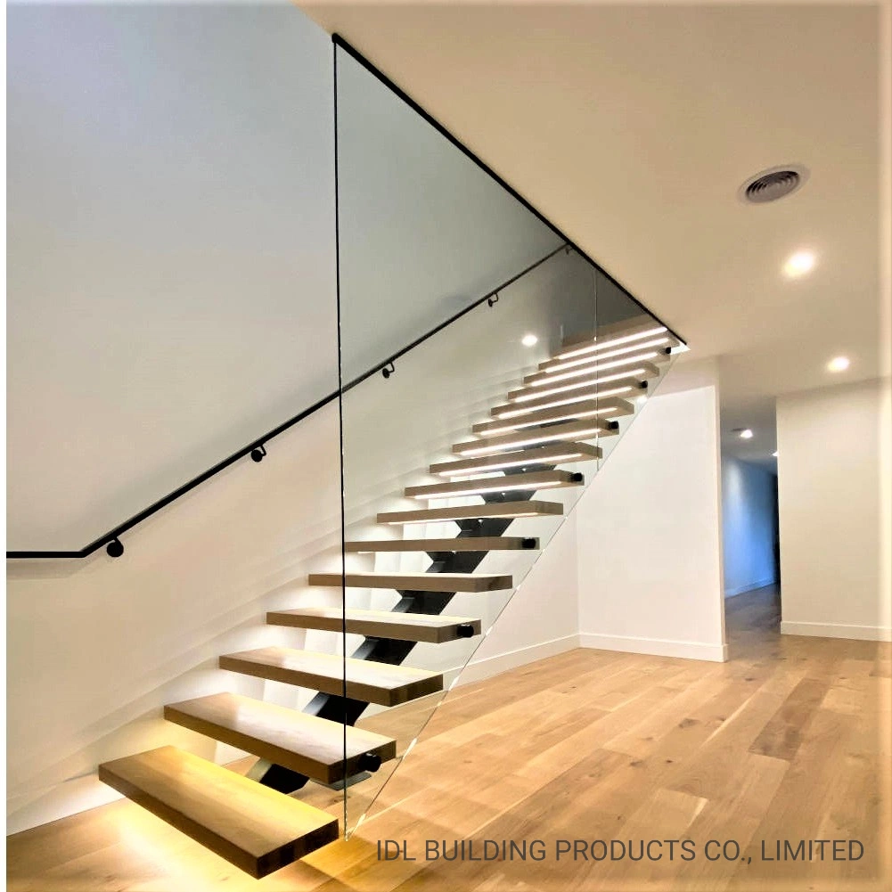 Easy Install Galvanized Steel Staircase Single Mono Stringer Stairs Interior Straight Stair with LED Wood Tread Glass Wall Panel Balustrade