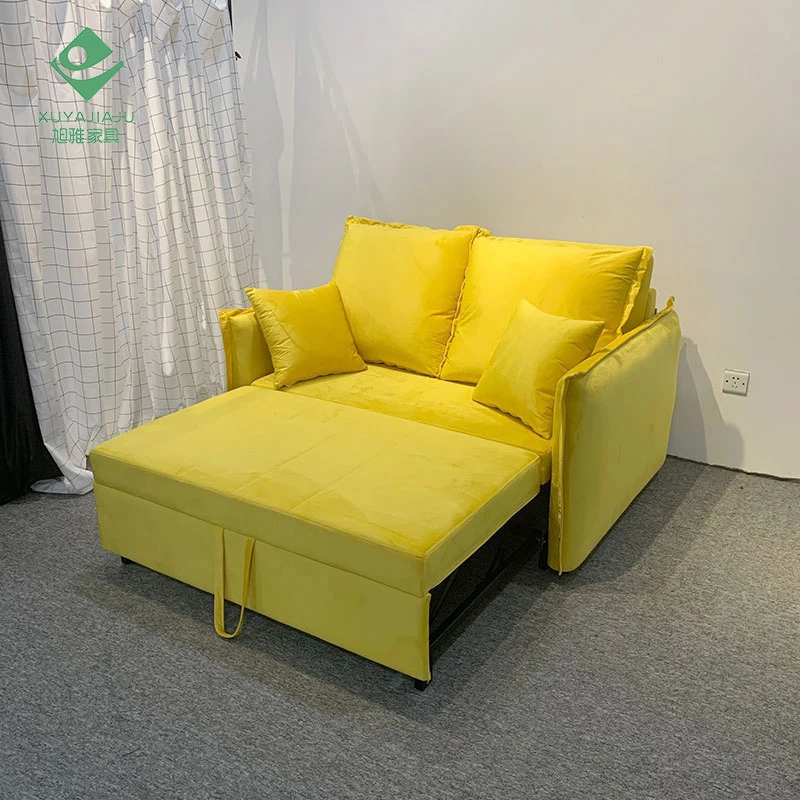 Yellow Velvet Pull out Folding Sofa Lounging Bed with Steel Fold Bracket