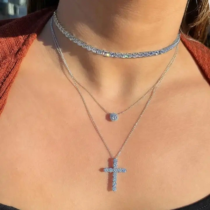 Psj Plata 925 Minimalist Pendant Women Layer Tennis Necklaces Zirconia Fine Jewelry Dainty 18K Gold S925 Sterling Silver Cross Necklace