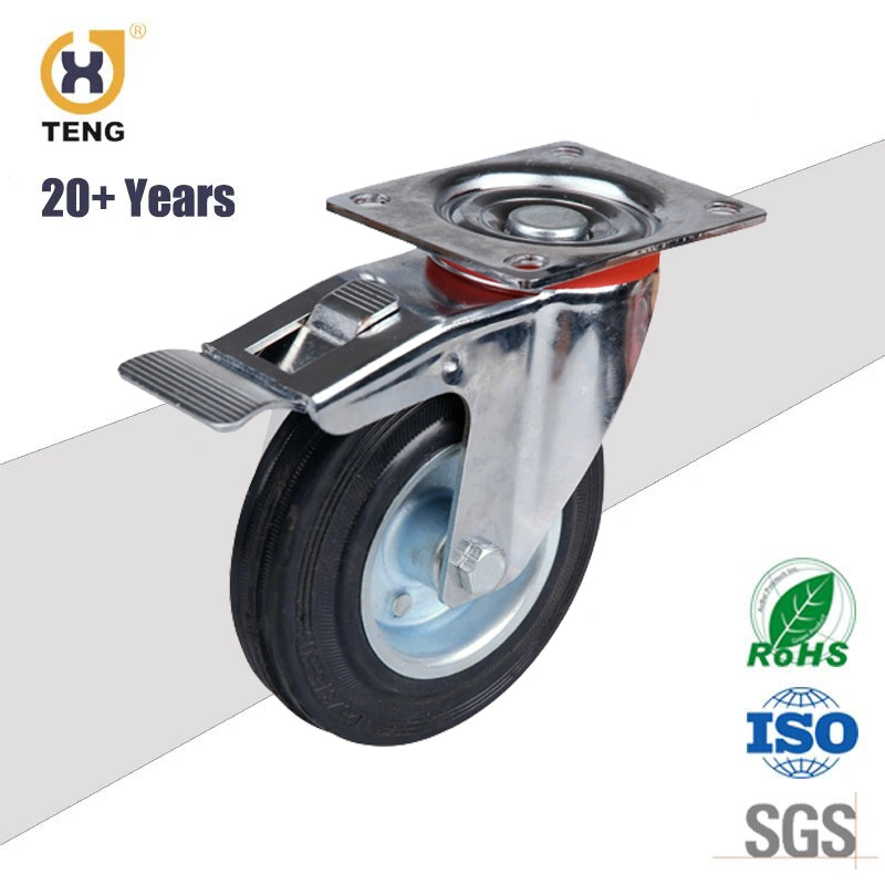 Industrial Caster Swivel Rubber Trolley Wheel Steel Rim Castor Wheel with Brake