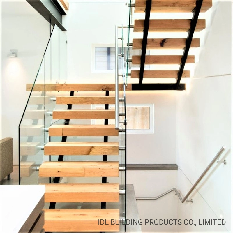 Interior Home Design Double Mono Steel Stringer Stairs Wood Floating Solid Wooden Staircase with Stainless Steel Standoff Glass Railing