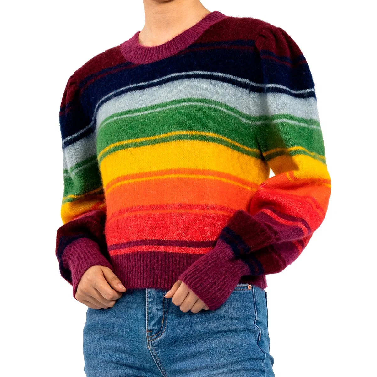 Autumn Winter American Vintage Knit Top Rainbow Stripe Women Crop Sweater