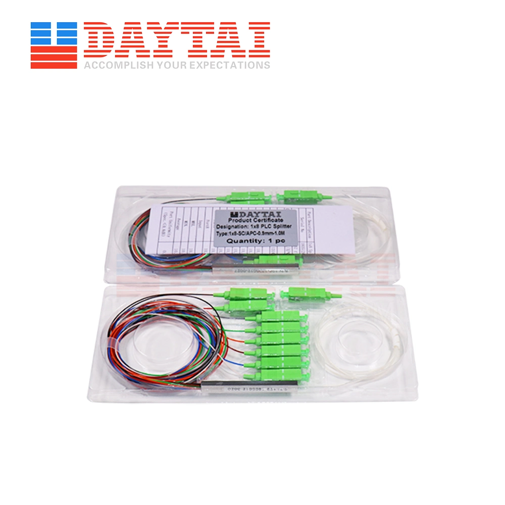 12 El color estándar de 0,9 mm de fibra de sm 1X8 PLC Splitter Mini Tipo con Sc/APC conector