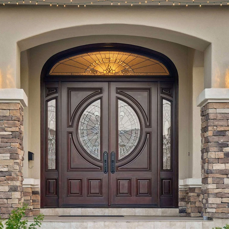 Diseño de puerta principal de madera redonda de lujo con ventana de vidrio para protección moderna contra robos en residencias