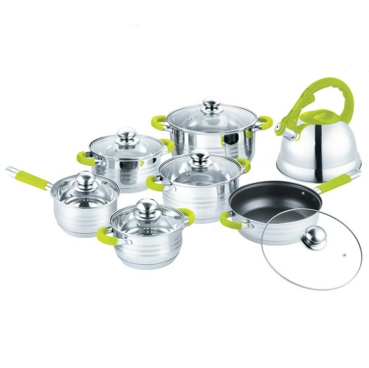 Rentable 13PCS utensilios de cocina de acero inoxidable con Hervidor de silbido, utensilios de cocina de inducción con ollas y sartenes Fry Popular en Sudamérica para cualquier cocina