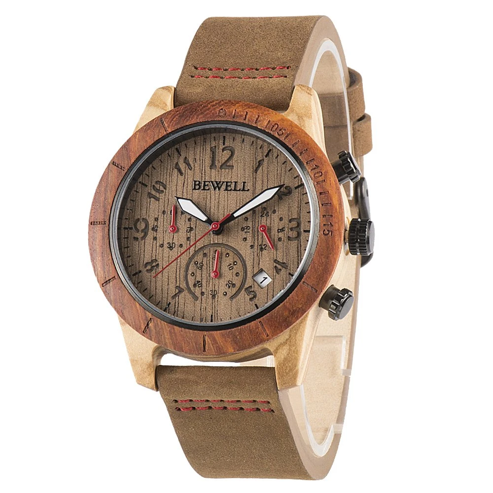 Bewell Wood Watch Men Luxury Genuine Leather Strap Japan Quartz Movt Custom Watch Men
