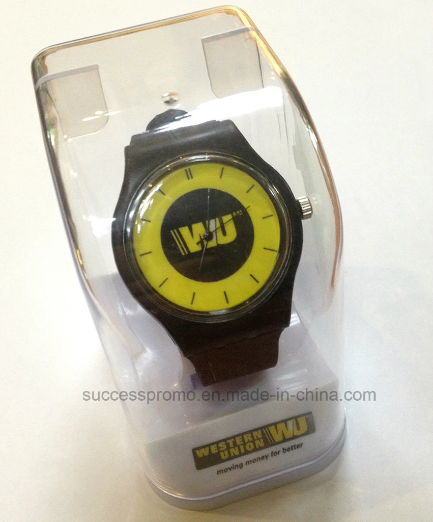 Reloj de cuarzo de silicona de promoción con el cliente Logo en la caja de plástico