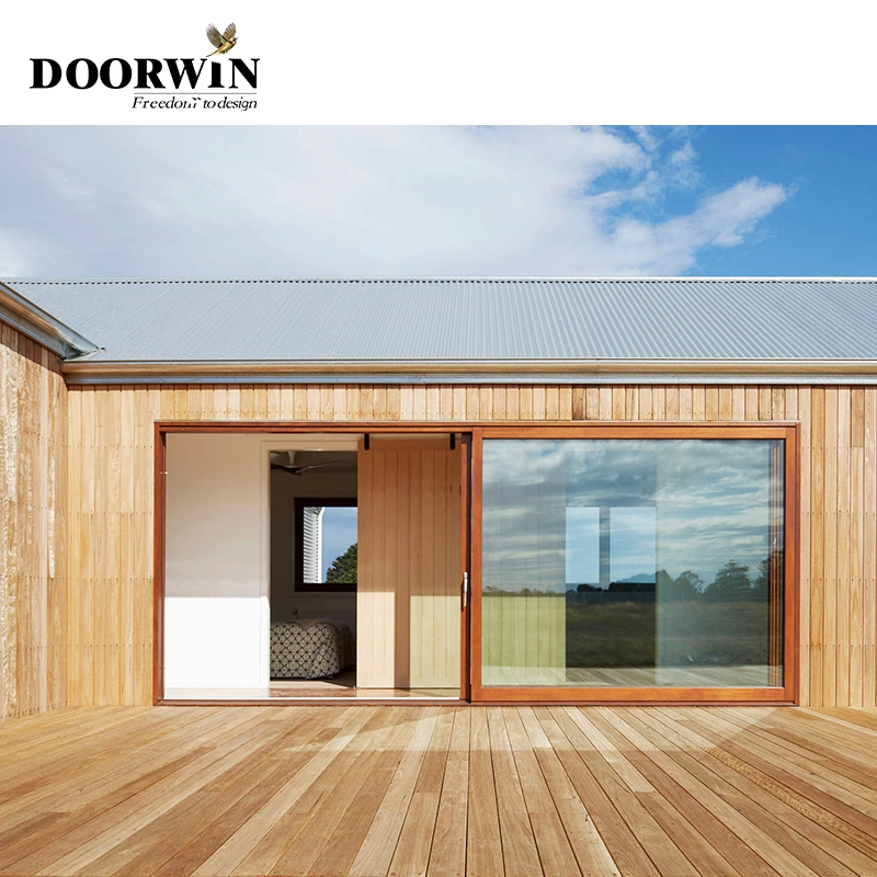 Doorwin moderno Sliding Patio Puertas exterior Roble de madera 3 Panel Vidrio deslizante con persianas integradas Entrada de vidrio sólido Puerta de madera