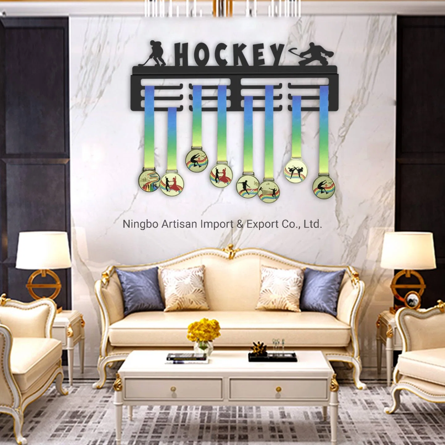 Usine personnalisée Hockey Sport Métal Médaille Affichage Crochet Support Cintre