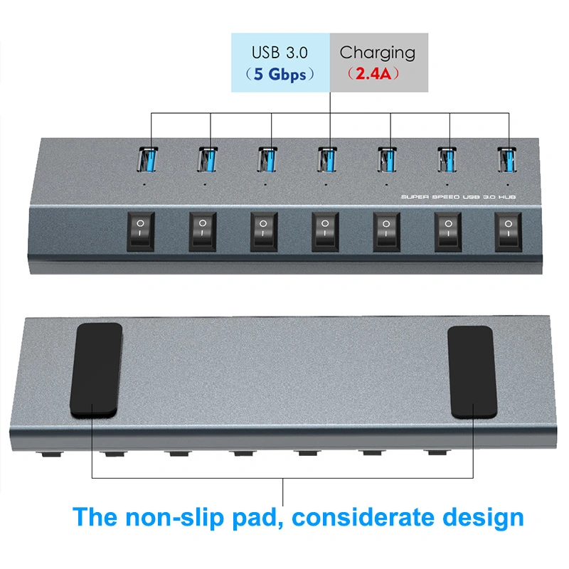 Aluminum 7-Port USB 3.0 Hub with Power Adapter and Individual Power Switches