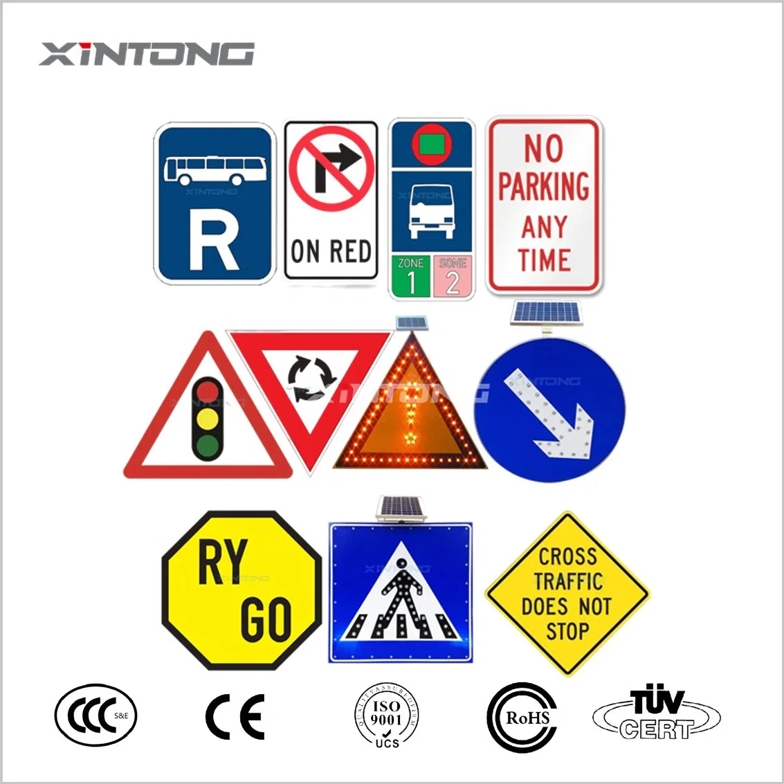 LED de aviso de segurança em compósito de alumínio personalizado, triângulo de estrada solar redondo Sinal de trânsito de reflexão quadrada