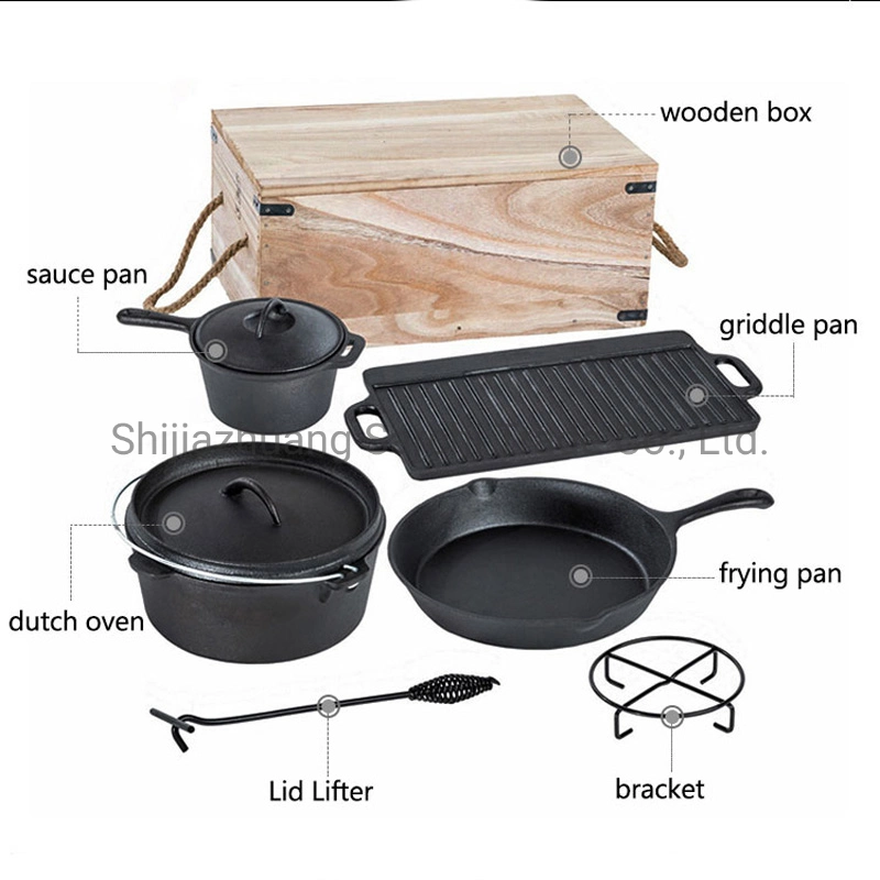 7 Piece Campfire Kitchenware Set Cast Iron Outside Dutch Oven Camping Cookware Sets