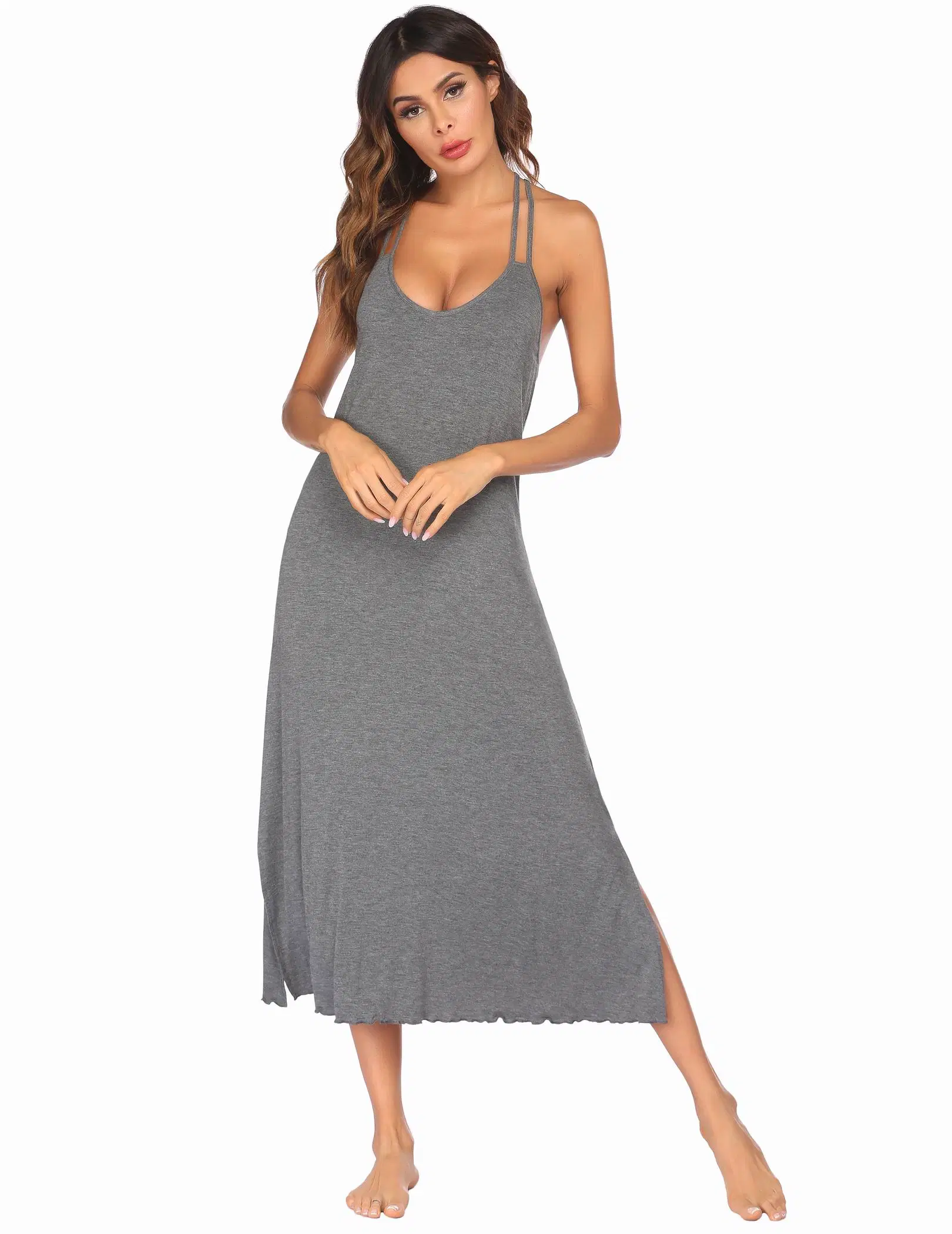 Mesdames fashion robe longue des femmes d'été col V sexy robe sans manches Slim