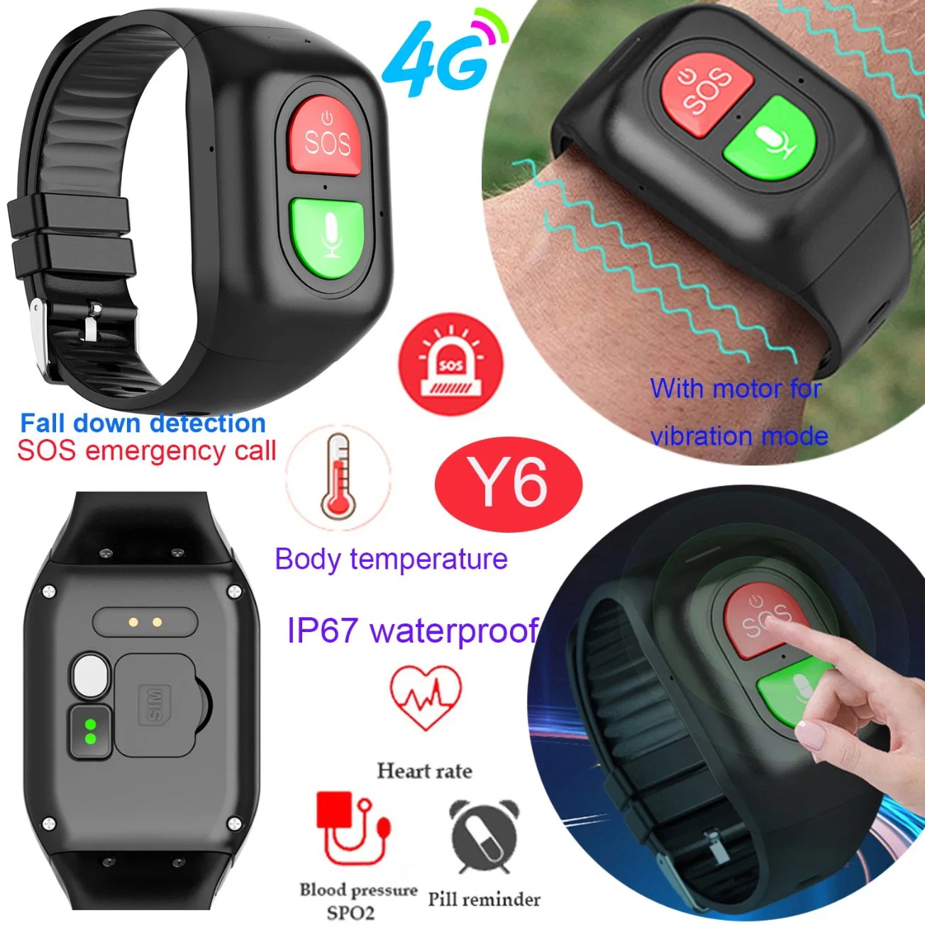 Fashion design 4G Thermometer women Senior Smart health GPS tracker SOS panic band with heart rate blood pressure SPO2 Y6