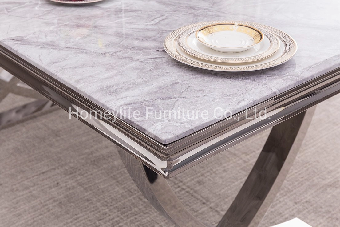 Contemporary Furniture Double Cross Stainless Steel Base Marble Top Dining Table