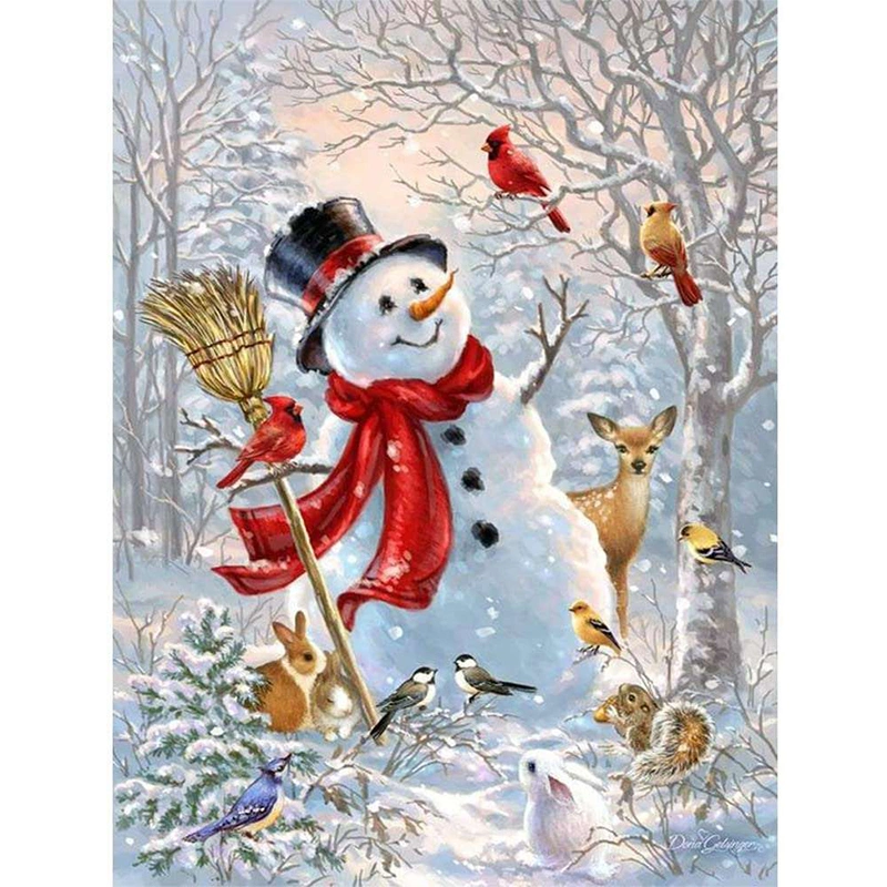 White Snowman with Broom Christmas Painting Decoration Gifts DIY Custom Children Diamond Drawing