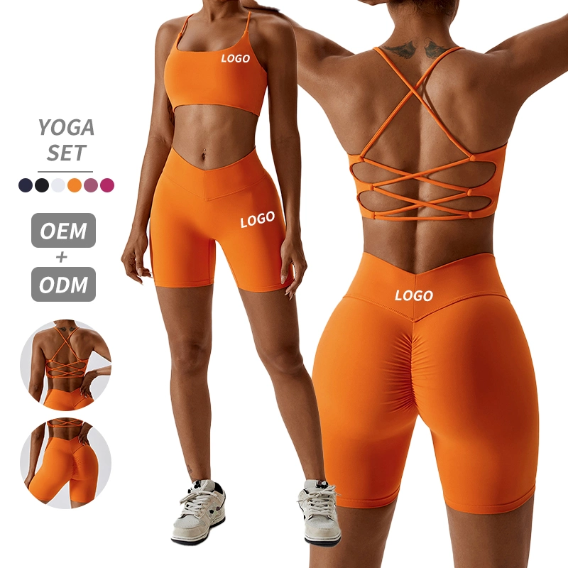Großhandel Fabrik Sexy Bh Twist Vorne Kreuz Hinten Kleidung Outfit Übungen Workout Laufen Fitnessanzug Gym Sport Tragen Yoga Set