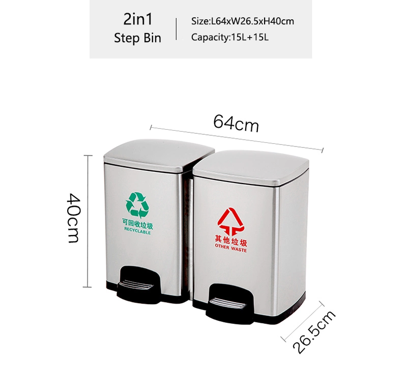 Dual Compartment Stainless Steel Recycle Garbage Bin 15L+15L