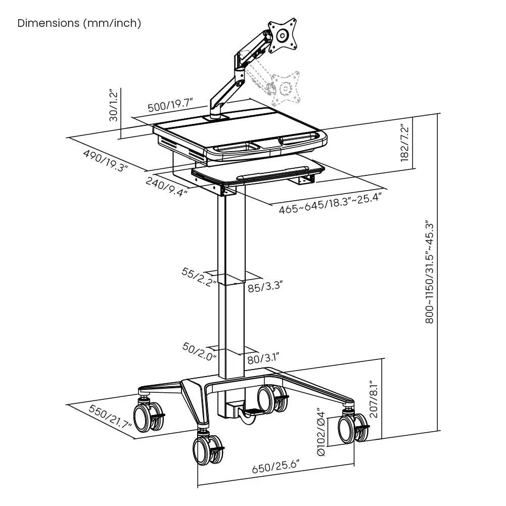 Gas-Lift Medical Cart Mobile Height Adjustable Trolley with Monitor Arm Wheels Keyboard Tray