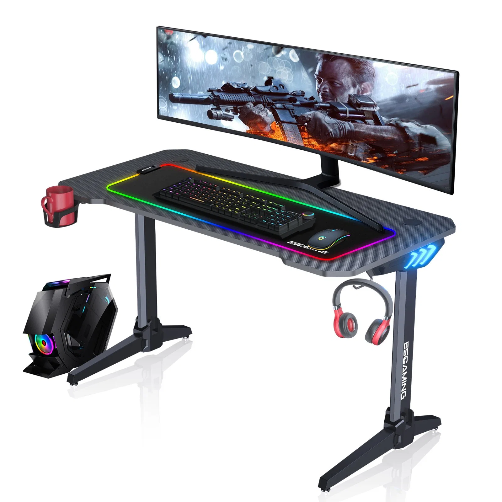 Nuevo diseño profesional Cool Z-Shape Standing moderno altura ajustable LED Mesa de ordenador RGB PC Escritorio de juegos