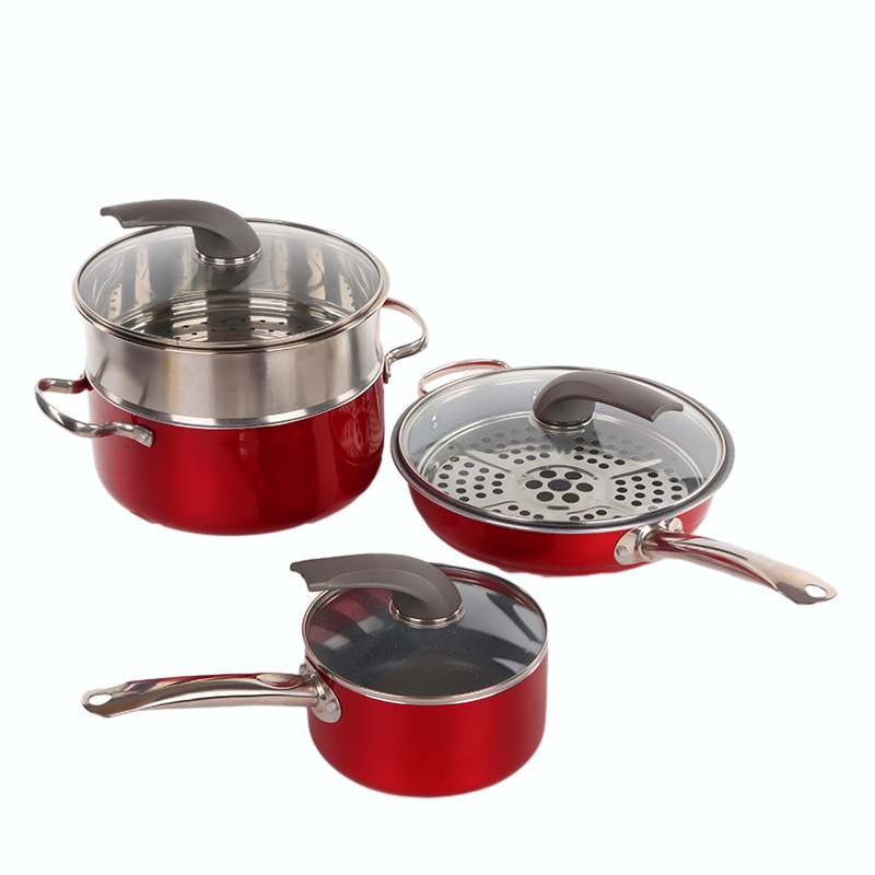 New Arrivel Cookware Red Shiny Metal Aluminum Cooking Pots and Pan Sets with Erectable Knob and Stermers