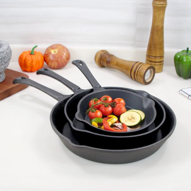 6" 8" 10" OEM Logo Degisn Preseasoned Coating Cast Iron Fry Pan Kitchen Cast Iron Cookware Cast Iron Frypan Set Frying Pan