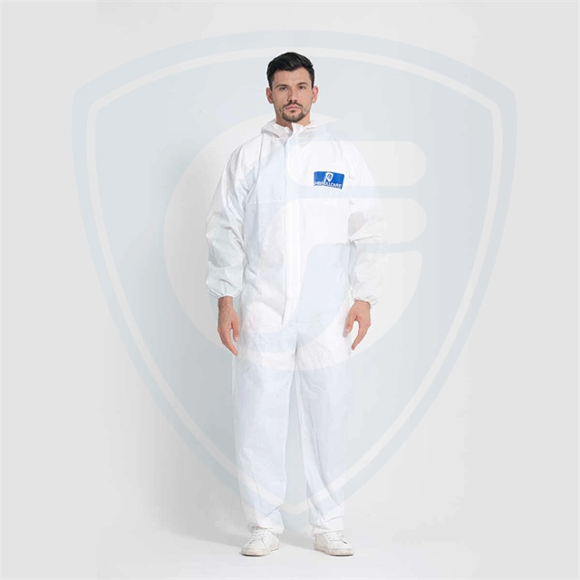 White Disposable Hooded Coveralls SMS Chemical Protective Suits Elastic Cuffs Front Zipper Closure Serged Seams for Spray Painting Mechanic Work