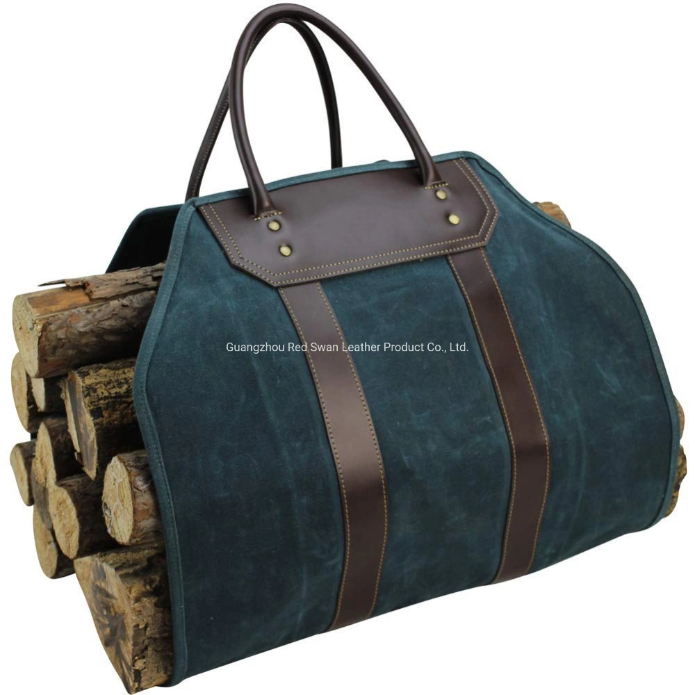 Heavy Duty Blue Waxed Canvas Large Handbag for Camping, Winter Transport Wood, Logging Storage Bag with Padded Leather Handle