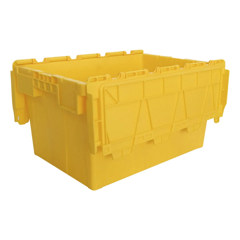 Warehouse Plastic Moving Crate Nestable Storage Attached Lid Containers Round Trip Tote Logistic Box for Transport