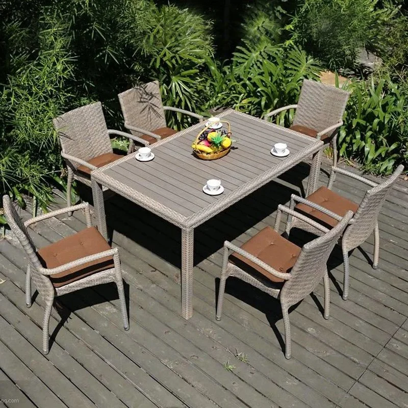 Exterior PE Marco de aluminio silla Set Terraza Café Restaurante Wicker Muebles de silla de mesa de ratán plástico sintético de caña antigua