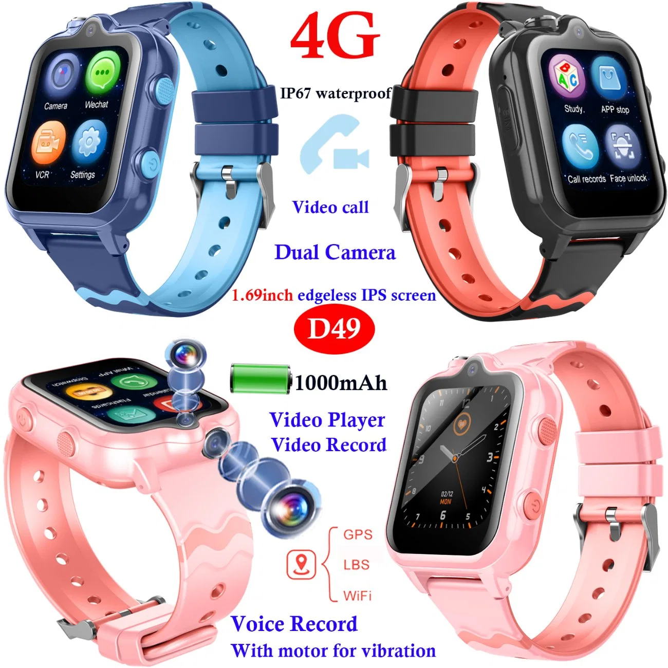 2023 Vídeo à prova de água 4G de alta qualidade mais recente chamado Kids Smart GPS Watch Phone for Children Segurança GPS localização Câmara dupla D49