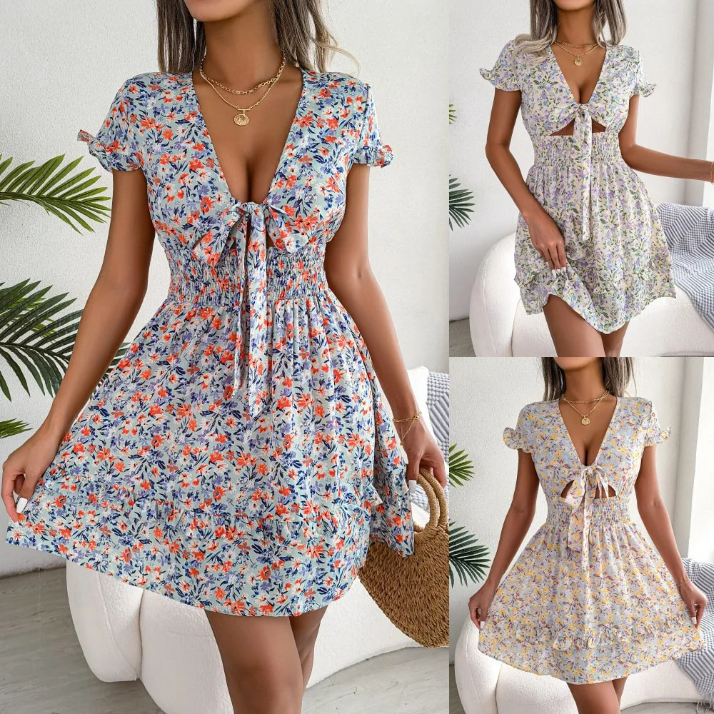 Ins Wind Real Shot Frühling und Sommer Casual Floral Lace-up Holiday Dress mit V-Ausschnitt und Independent Station Damenbekleidung