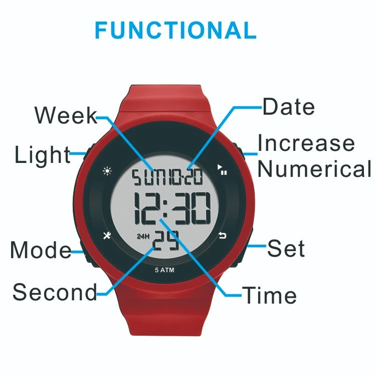 2019 Nuevo Modelo 5ATM Water-Resistant Reloj digital de plástico
