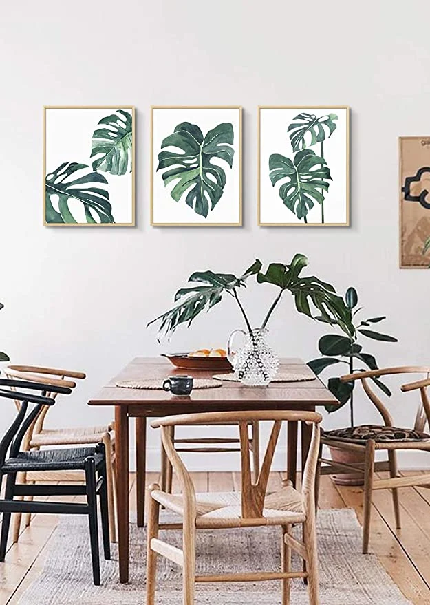 Wholesale/Supplier 3 Panels Wooden Color Floating Frame Wall Art Green Bitanical Plant Ready to Hanag Canvas Painting Living Room Dining Room Bathroom Decor