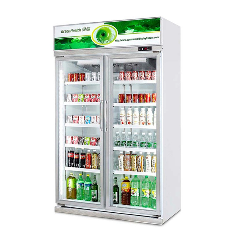 Portas duplas de supermercados Visor de Vidro Frigorífico, Refrigerador vertical de bebidas, bebida refrigerada Vitrine