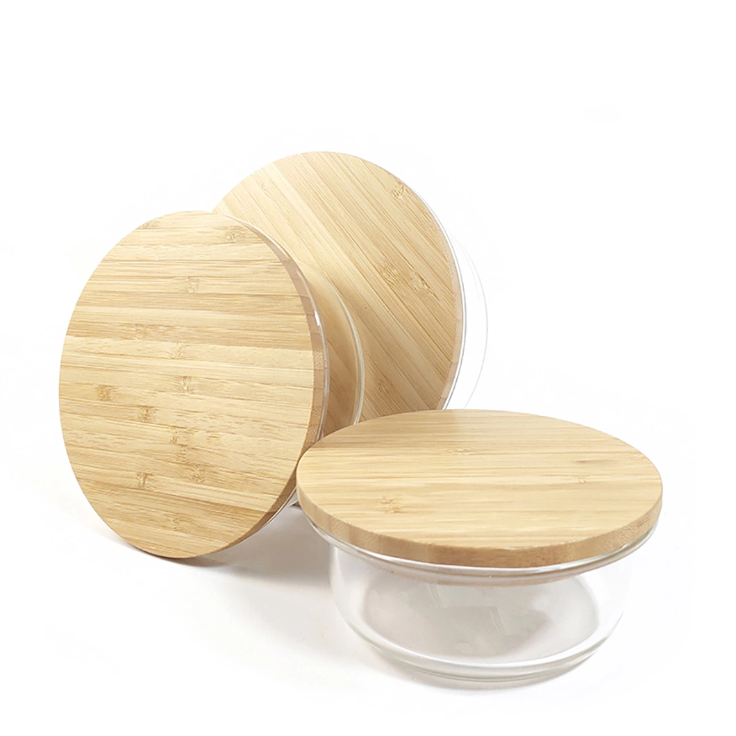 Round Kitchen Spice Storage Borosilicate Glass Container Jar Canister Set with Custom Airtight Bamboo Wood Lids