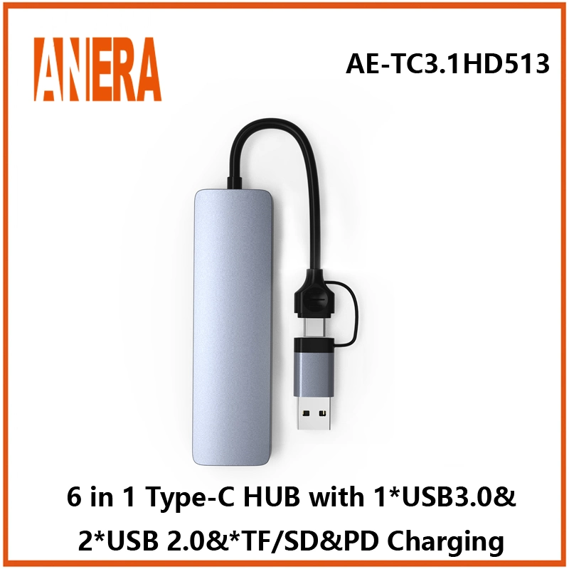 Anera High Performance 6 in 1 Multifunction USB C Portable Type C Hub with USB3.0/2.0 Hub SD/TF 2.0 Card Reader Pd Charging