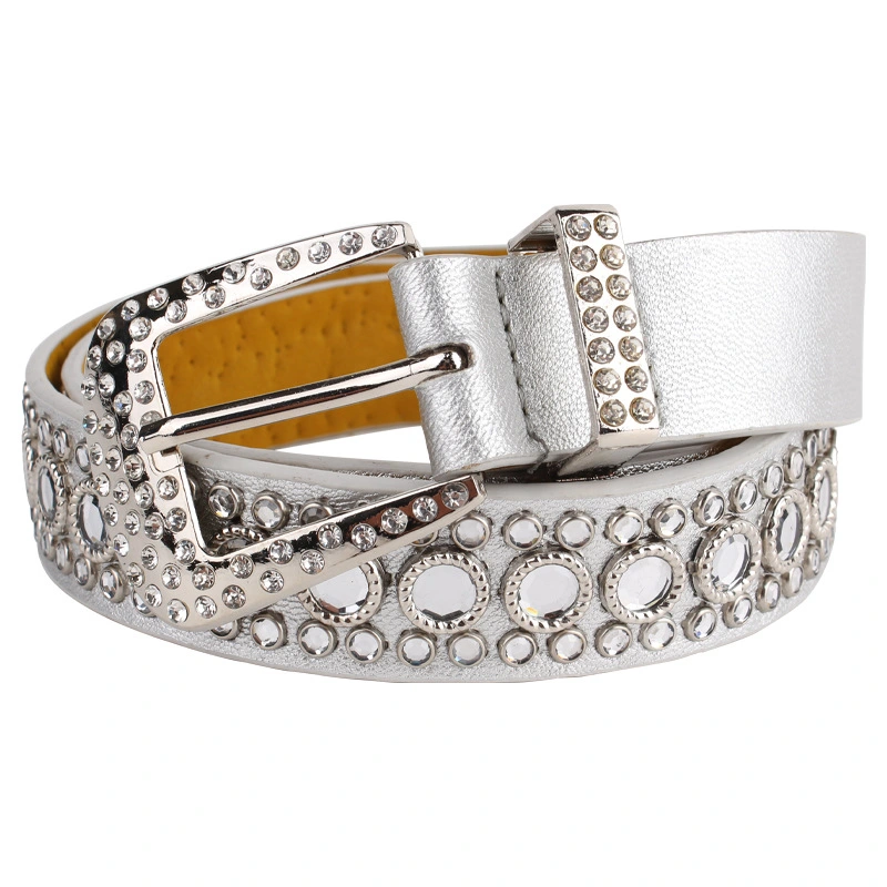 Western Studded Big Buckle Cowboy PU Leather Rhinestone Belts Designer Inspired White Diamond Ladies Fancy Belt