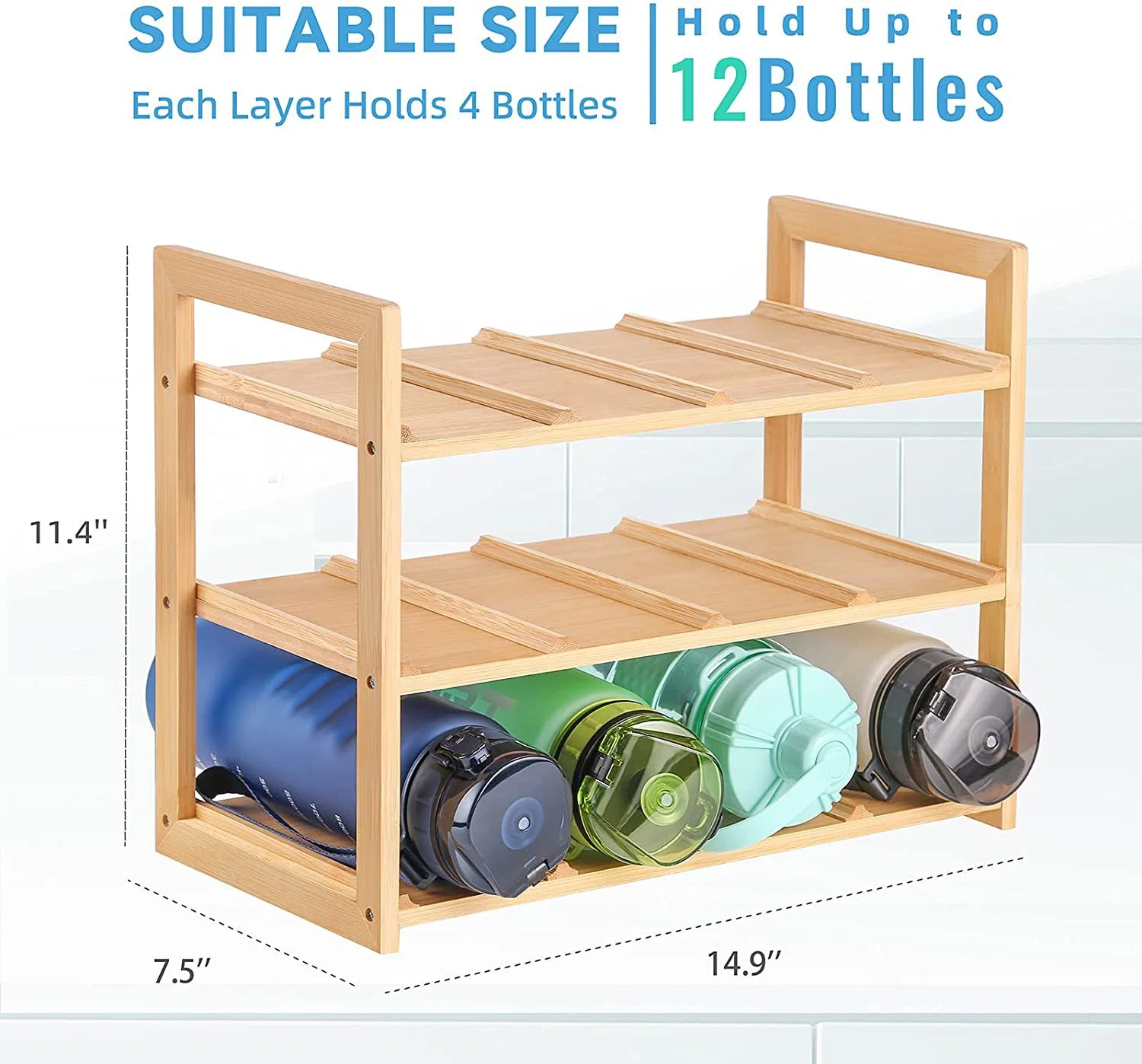 Bamboo Water Bottle Organizer Rack, 12 Freestanding Water Bottle Holder Stand Storage for Cabinet Kitchen Countertops, Table Top, Pantry