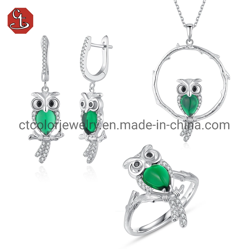 Custom animal buho verde sintético anillo aretes de cristal joyas collar para accesorios