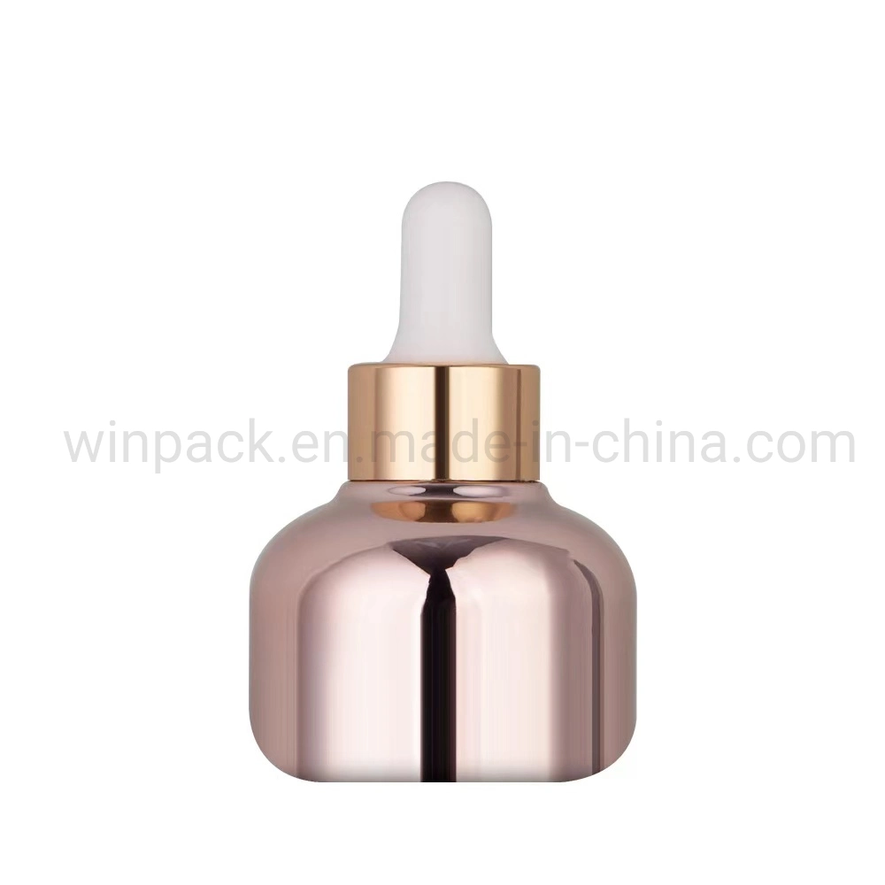 15ml 30ml 50ml Round Shape Custom Pink Color Glass Dropper Container with Gold Dropper for Cosmetic Packaging