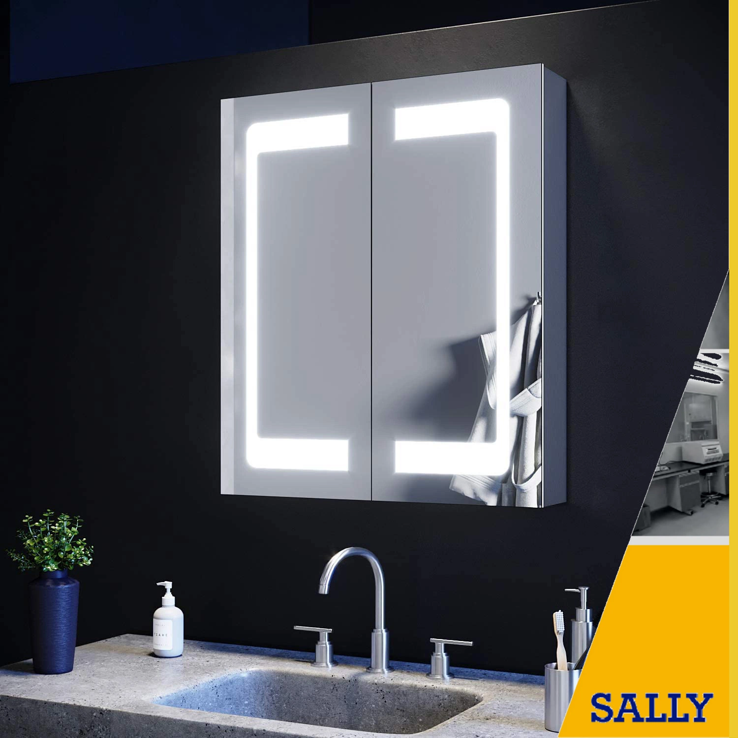 Sally 23x27,5 carré à double porte de la vanité de miroir de salle de bains avec LED du cabinet de médecine de stockage armoire murale avec rétroviseur intérieur