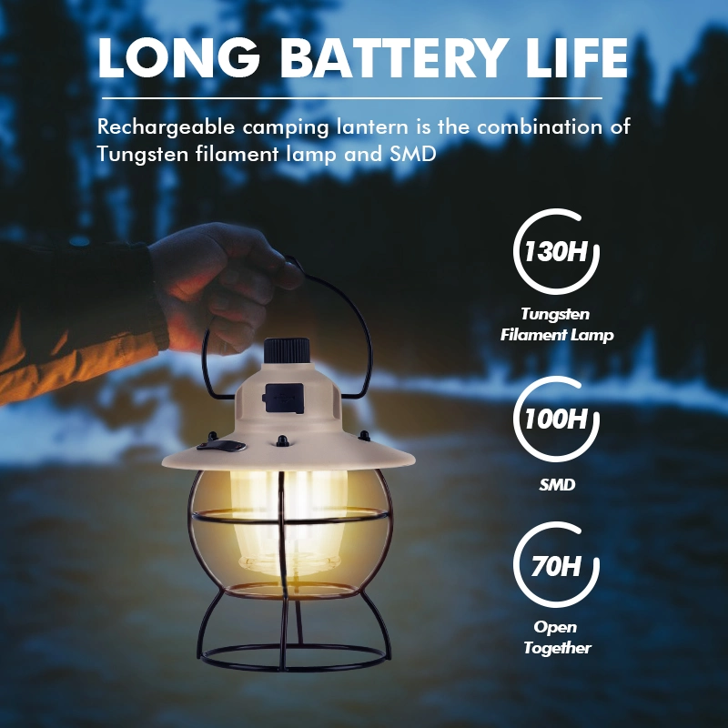 Outdoor Metal Rechargeable Retro USB Camping Lamp Light Vintage Camping Lantern for Tent