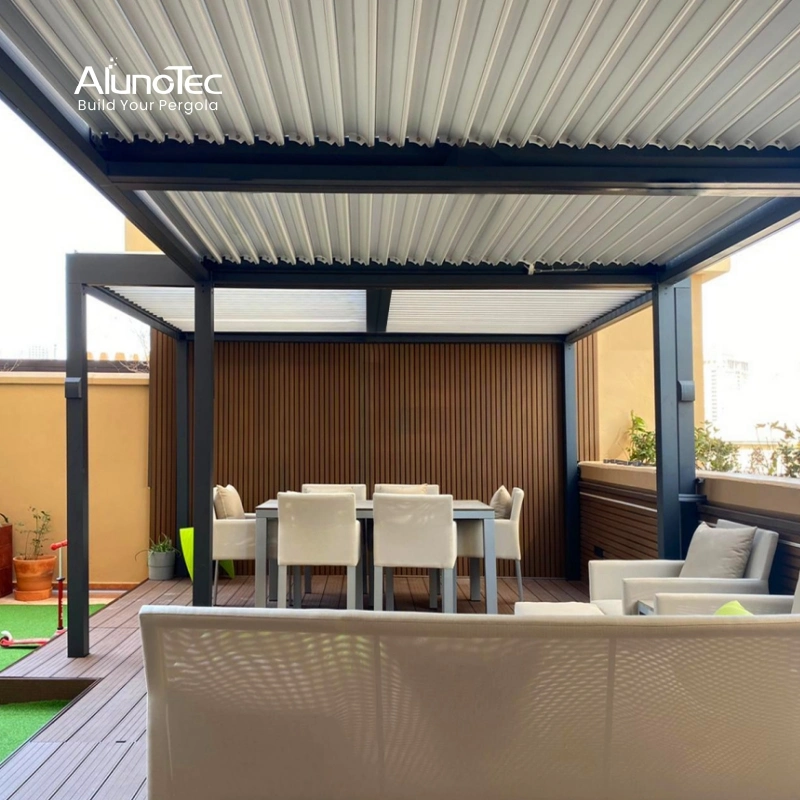 OEM ODM Pergolas à lames orientables avec toit motorisé pour ombrage solaire, meubles modernes pour la maison, auvent de jardin, auvent de luxe en aluminium bioclimatique, pergola en aluminium pour SPA extérieur