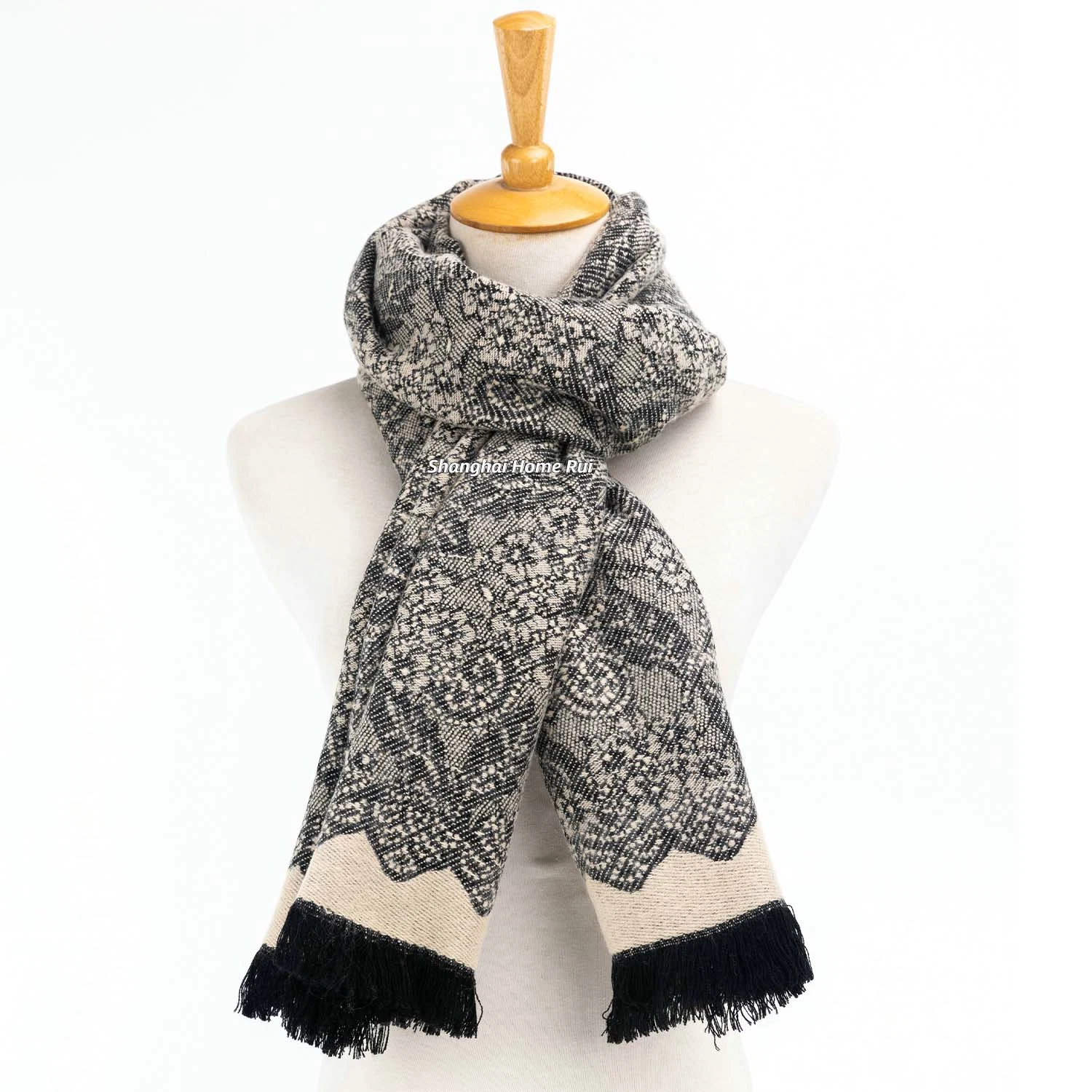 Home Rui Custom Fashion Spring Fall Winter Acrylic Grey Woven Fringe Flower Design Shawl Lightweight Large Blanket Cappa Tippet Turban Textural Scarf