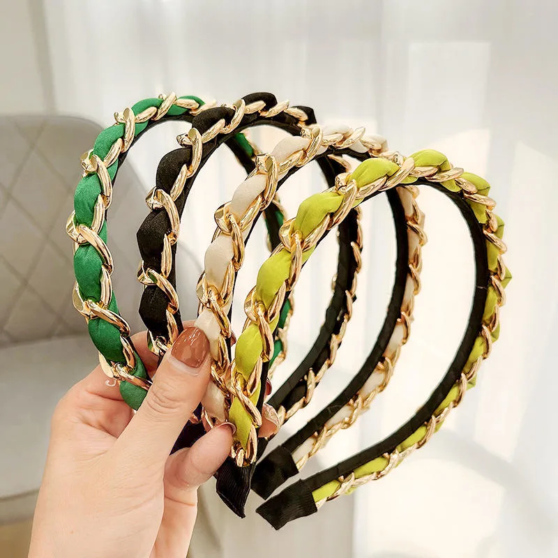 Wholesale Hot Selling Korean Version New Hair Hoop Fashion Solid Color Cloth Wear Gold Chain Hair Hoop Hair Accessories