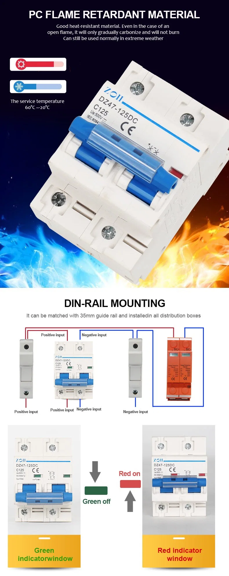 Duplo 2 pólos DC 500V Dz47-125 80A 100A 125A MCB Interruptor doméstico de ar Máquina 10ka proteção contra sobrecarga disjuntor miniatura