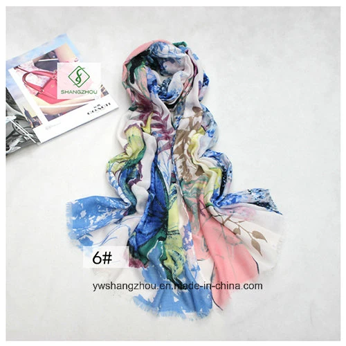 Fashion Lady Scarf with Butterfly Flower Printed Satin Shawl