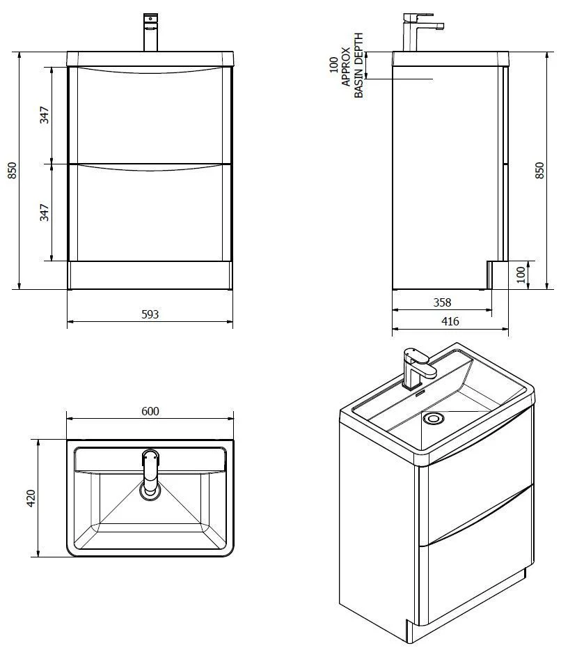 Wall Hung Bathroom Vanity Cabinet 2 Drawer White Gloss 600/800/900